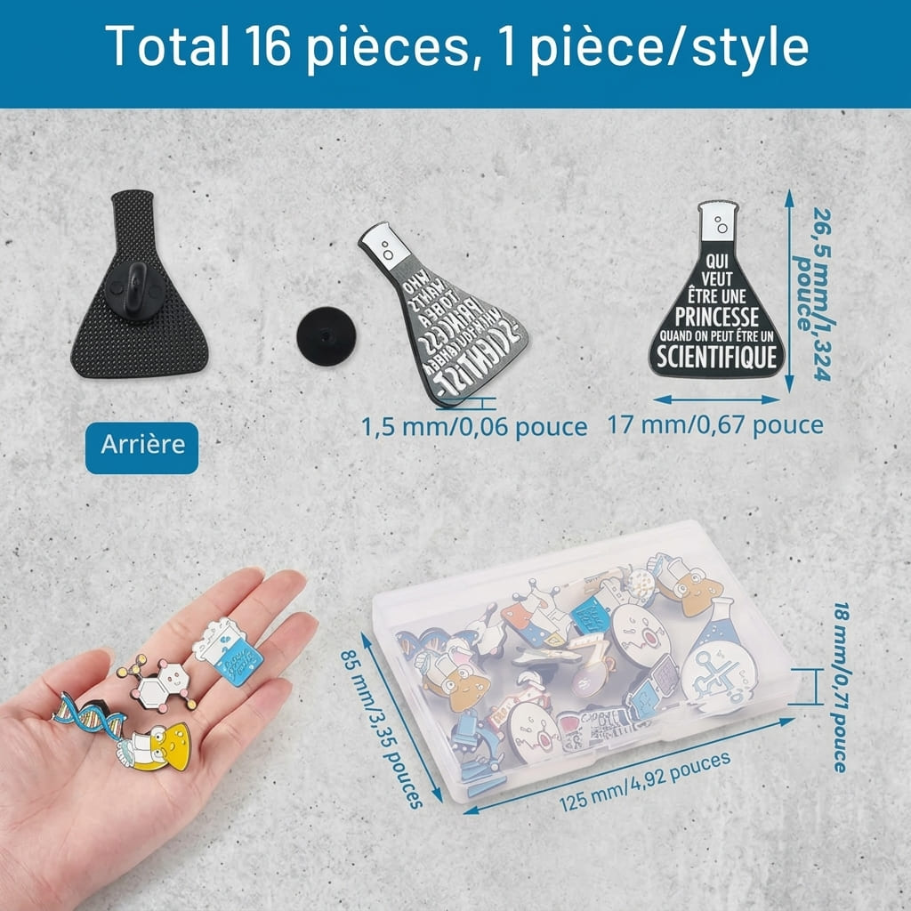 Broches Émaillées Thème Science – Lot de 16