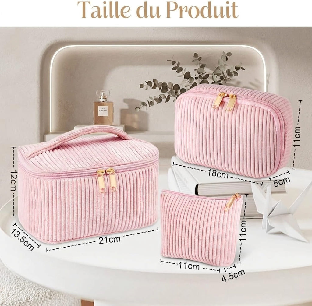 Lot de 3 Trousses de Toilette Femme en Velours Côtelé