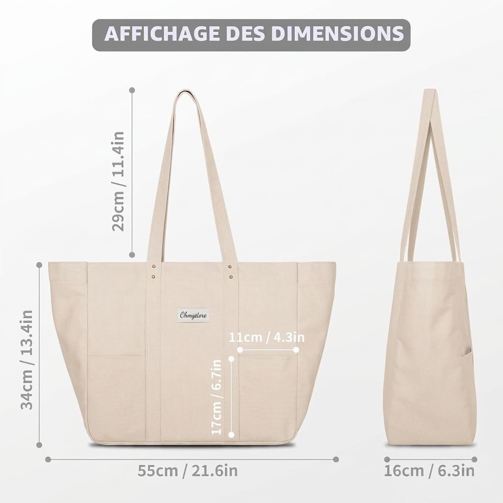Sac Cabas Toile Femme – Fourre-Tout avec Poche PC