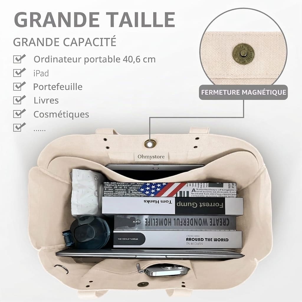 Sac Cabas Toile Femme – Fourre-Tout avec Poche PC