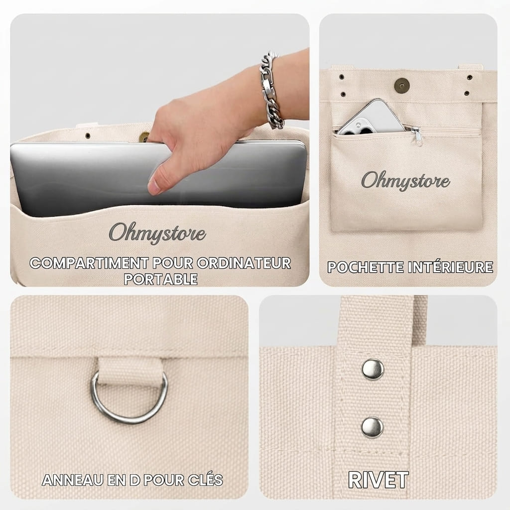 Sac Cabas Toile Femme – Fourre-Tout avec Poche PC