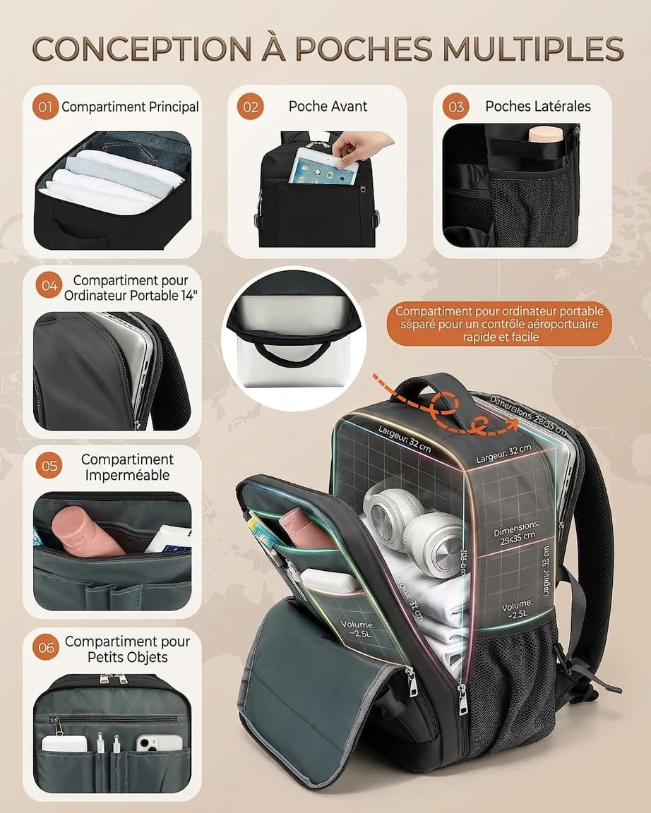 Sac à Dos Cabine 24L – Bagage Avion 40x30x20 Antivol