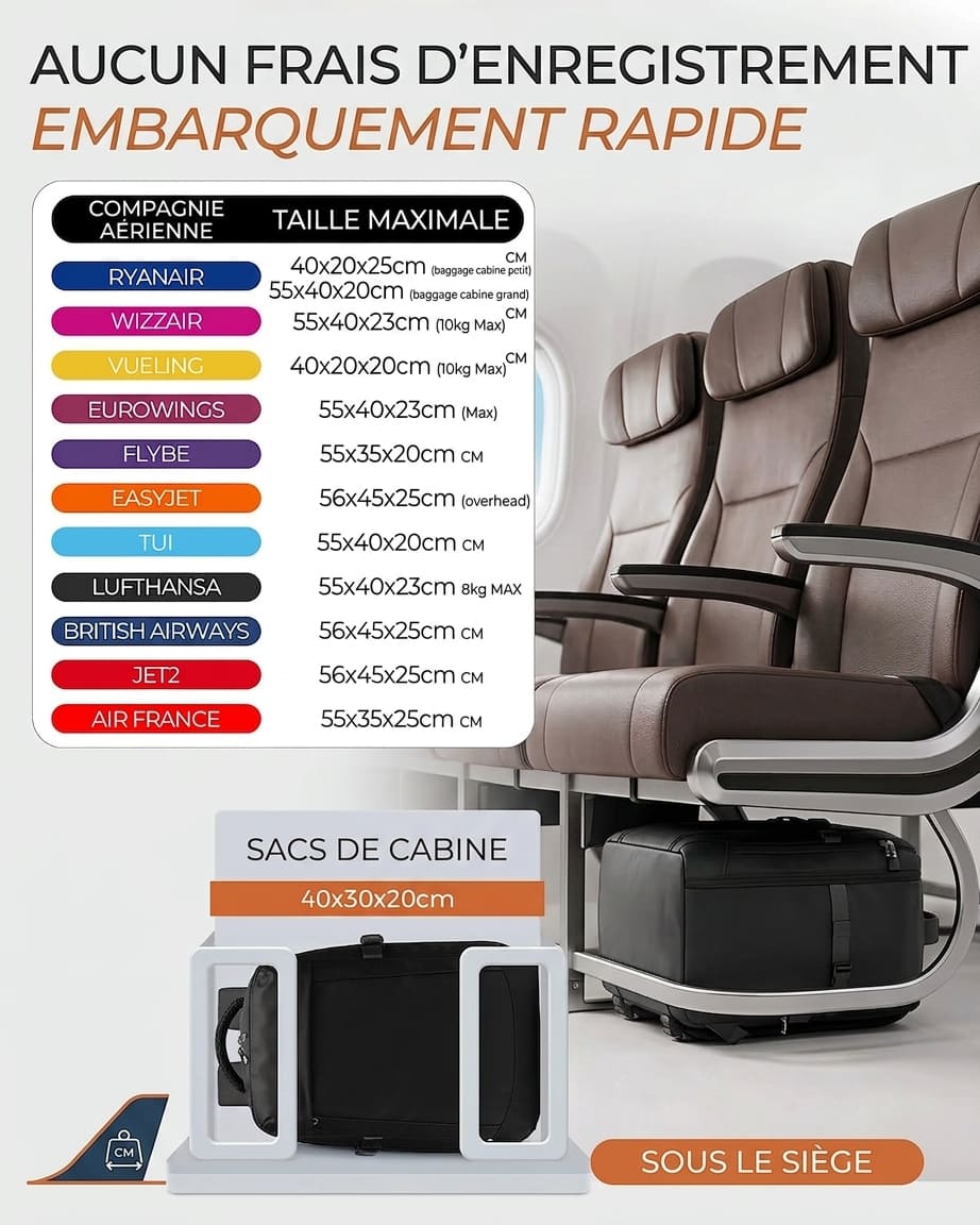 Sac à Dos Cabine 24L – Bagage Avion 40x30x20 Antivol