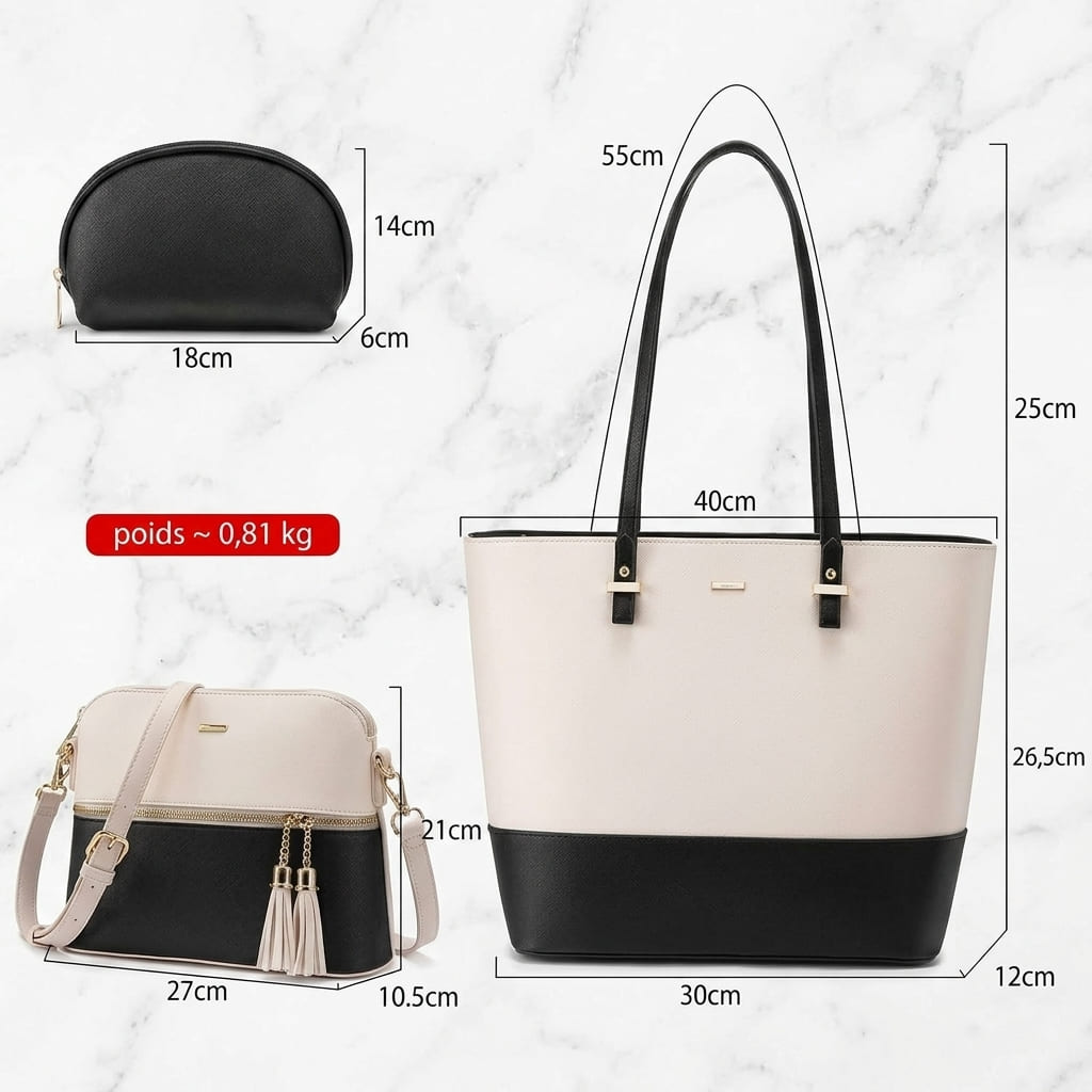 Sac à Main Femme Cuir PU – Ensemble 3 en 1, Sac Bandoulière et Fourre-tout